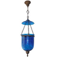 Antique 19th Century English Cobalt Blue Bell Jar Lantern Chandelier