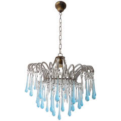 French Micro Beaded Aqua Drops and Crystal Prisms Chandelier