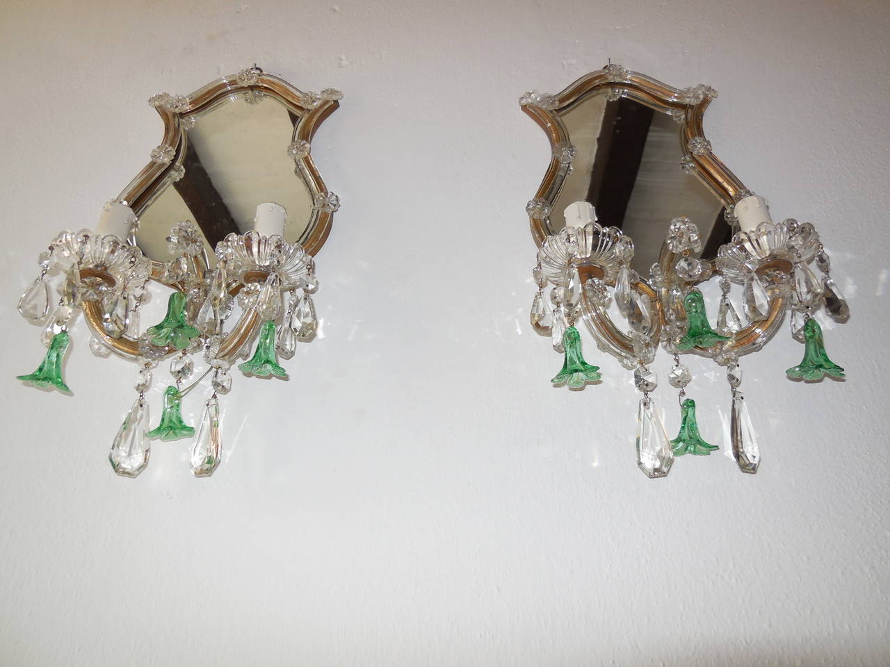 French Green Bell Flower Crystal Mirror Sconces