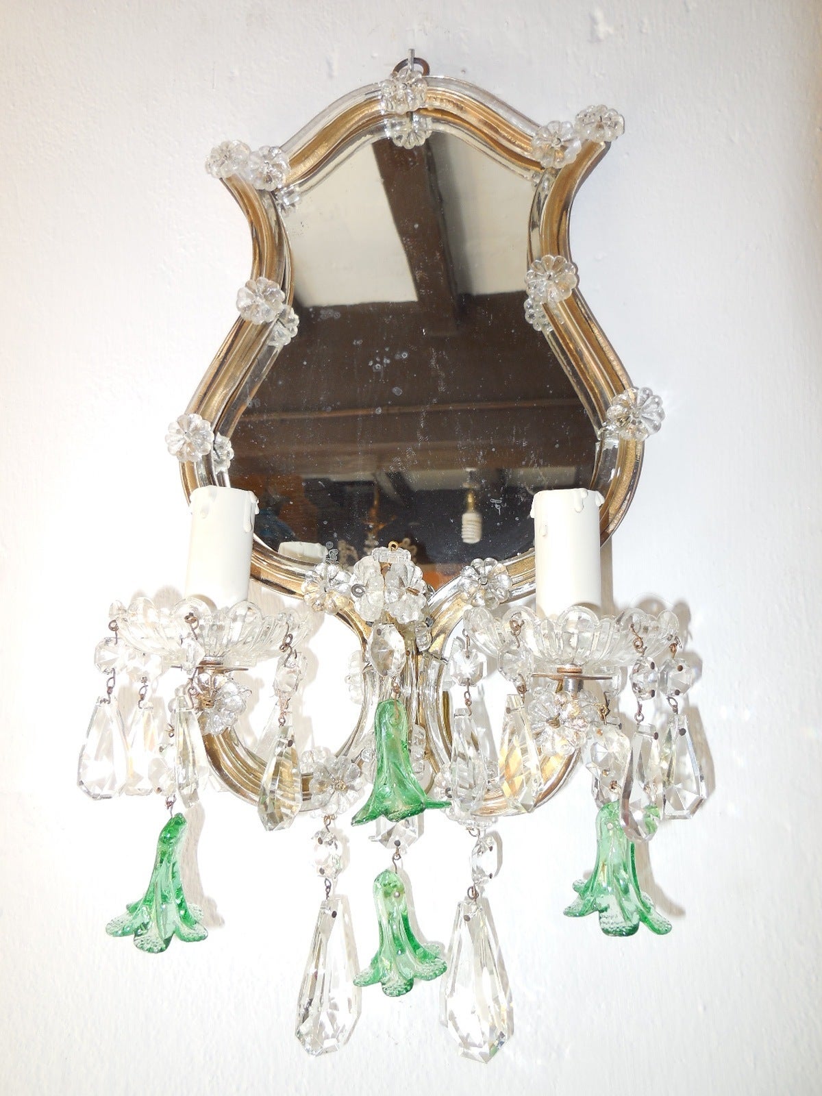 Early 20th Century Green Bell Flower Crystal Mirror Sconces