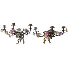 French Wrought Iron Bronze Bows & Porcelain Flowers Sconces