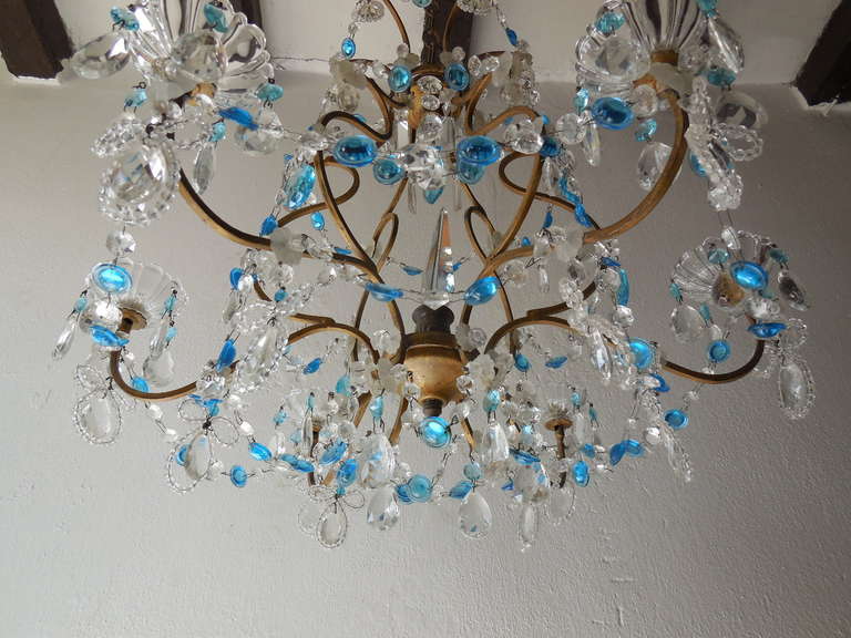 20th Century French Crystal Blue Prisms And Beaded Bows Chandelier