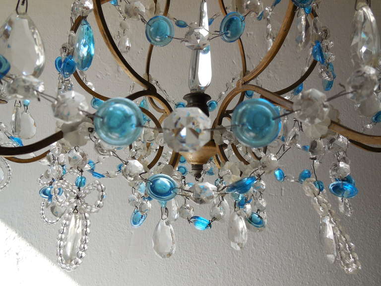 Metal French Crystal Blue Prisms And Beaded Bows Chandelier