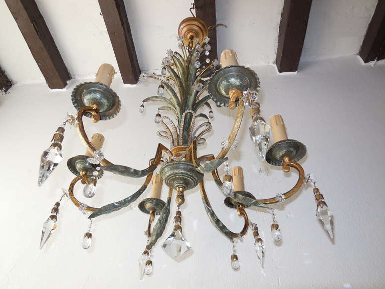 Art Deco French Green Gilt Polychrome Iron Crystal Chandelier