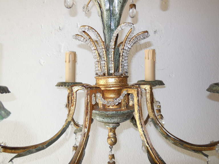 French Green Gilt Polychrome Iron Crystal Chandelier 1