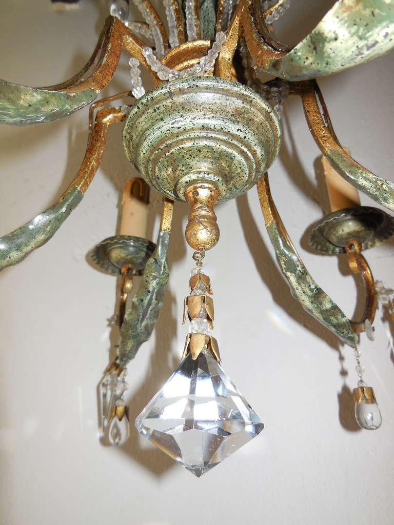 French Green Gilt Polychrome Iron Crystal Chandelier 3