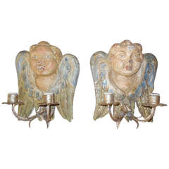 Italian Hand Carved & Painted Cherub Wood Sconces 1