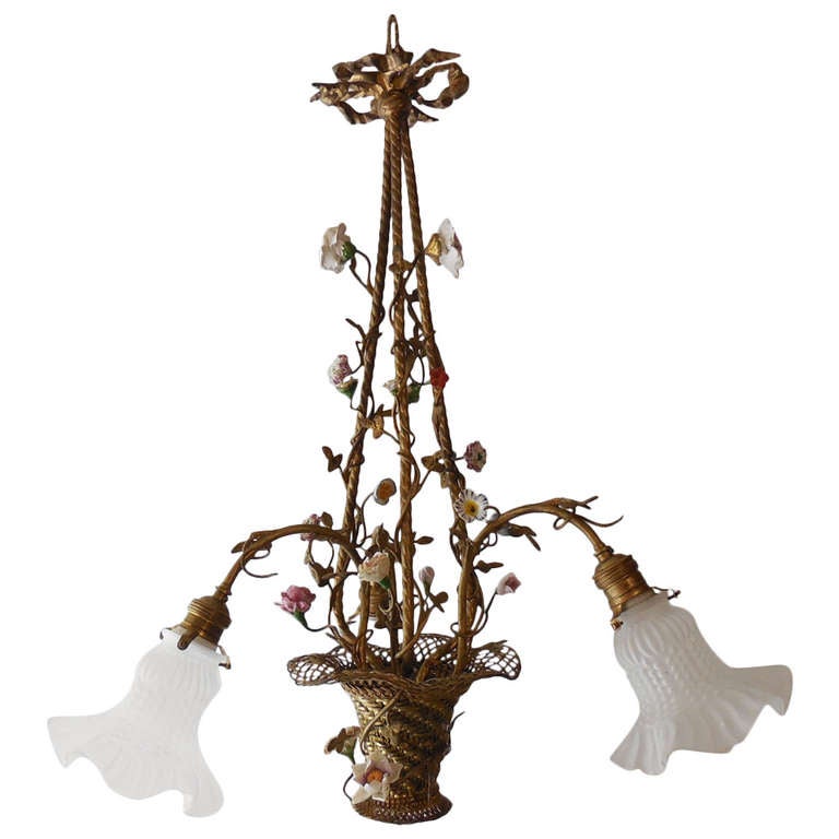 French Bronze Basket Porcelain Flowers Chandelier at 1stDibs