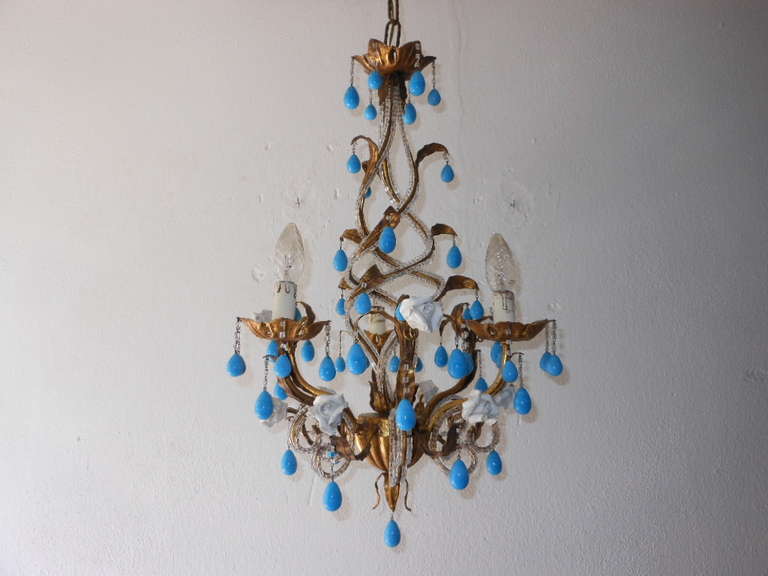 French Blue Opaline Drops Beaded White Roses Helix Tole Chandelier