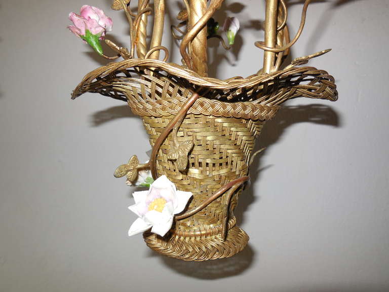 French Bronze Basket Porcelain Flowers Chandelier 1
