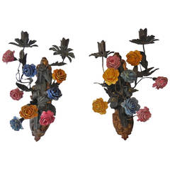 French Tole Porcelain Flowers Sconces with Giltwood Backs, 1900