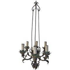 1910 French Green Wrought Iron Seven-Light Chandelier