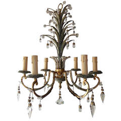 French Green Gilt Polychrome Iron Crystal Chandelier