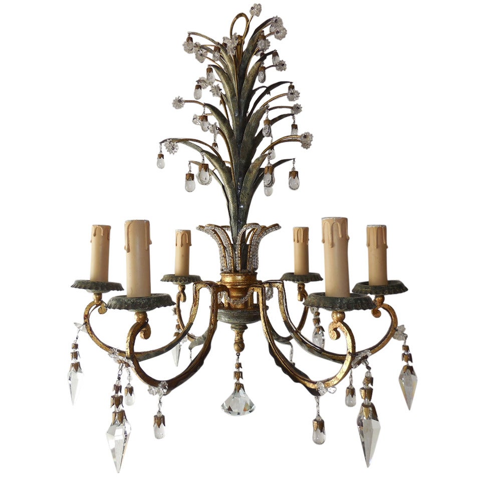 French Green Gilt Polychrome Iron Crystal Chandelier