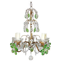 Antique French Green and Clear Crystal Prisms Flowers Chandelier, circa 1920