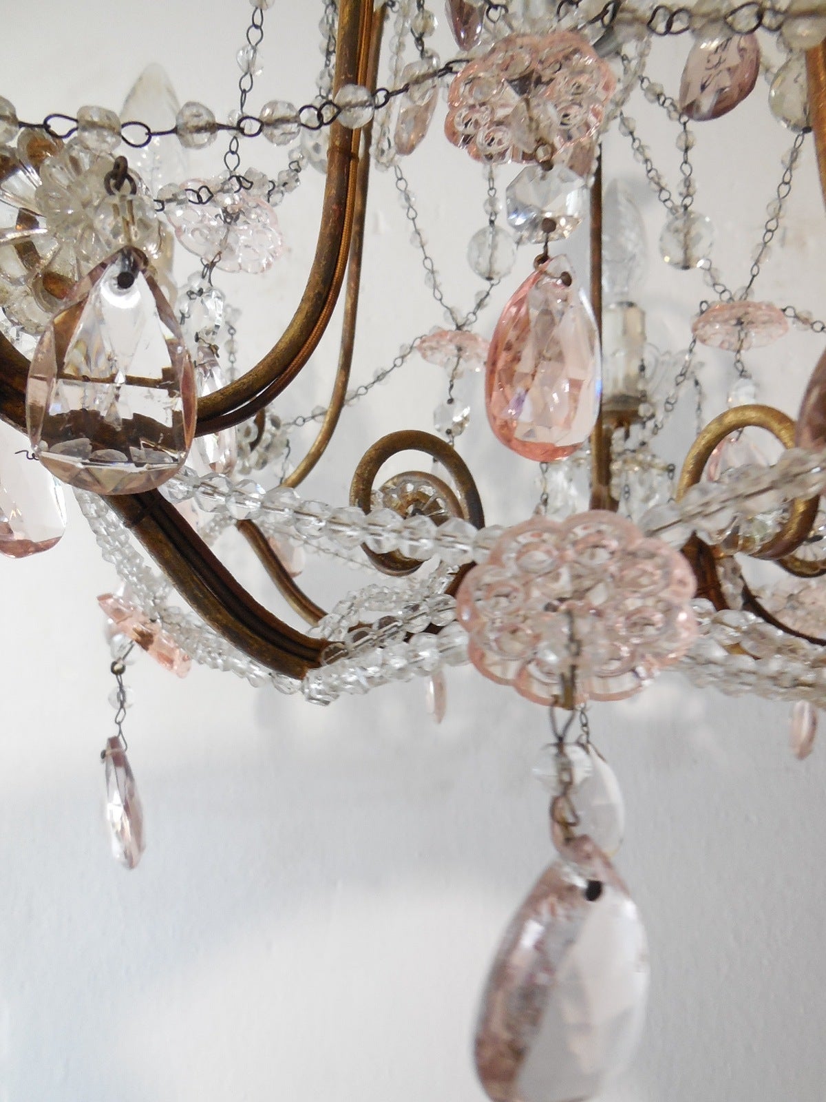 Early 20th Century 1920 French Feminine Pink Crystal Prisms Chandelier