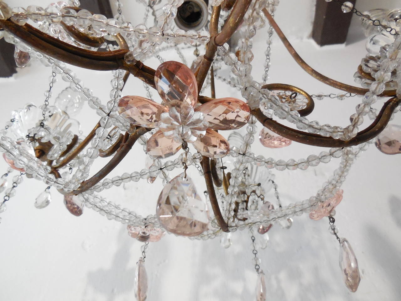 1920 French Feminine Pink Crystal Prisms Chandelier 5