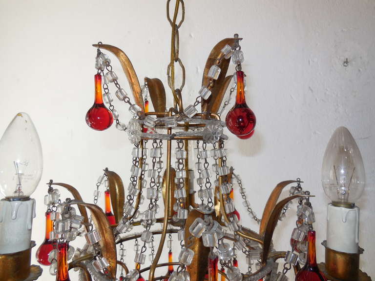 Mid-20th Century Italian Beaded Red Drops Tole Chandelier