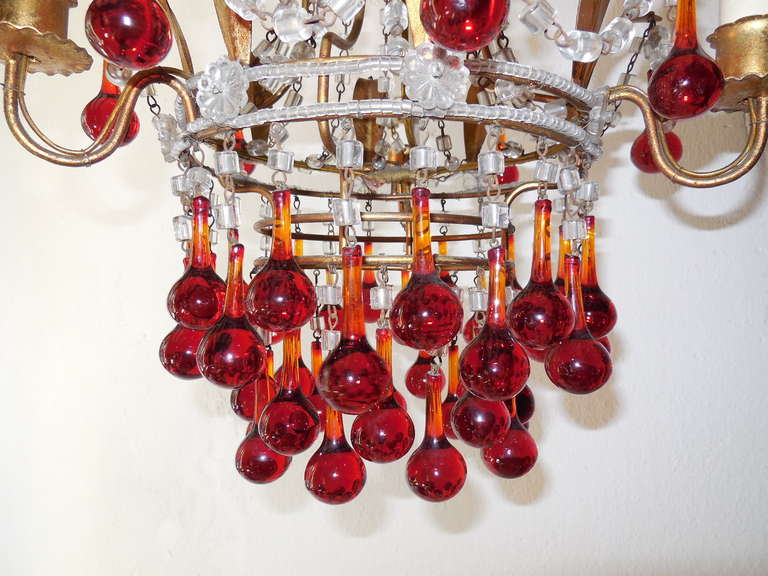 Glass Italian Beaded Red Drops Tole Chandelier