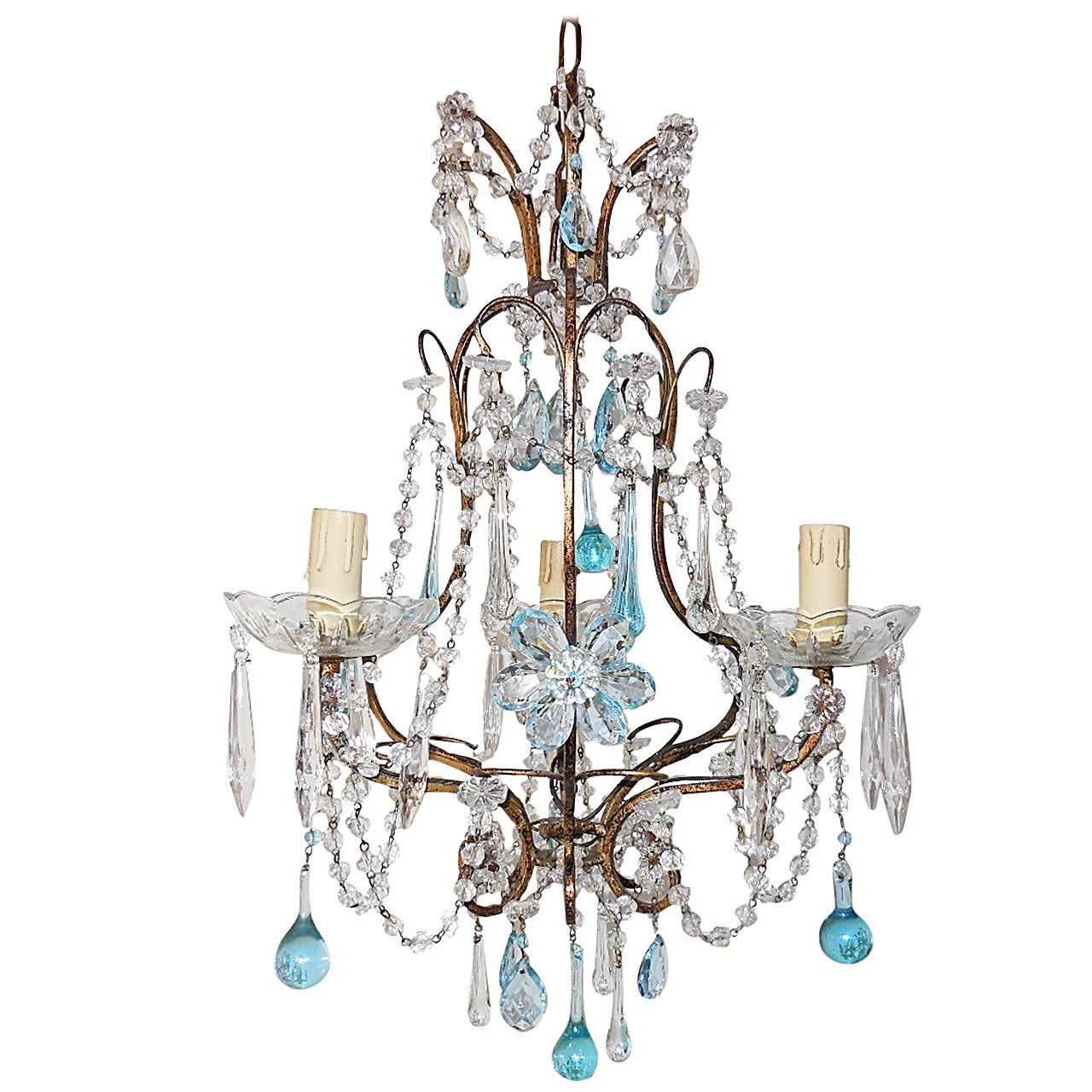 French Aqua Crystal Prisms, Drops and Flowers Chandelier, circa 1920 For Sale
