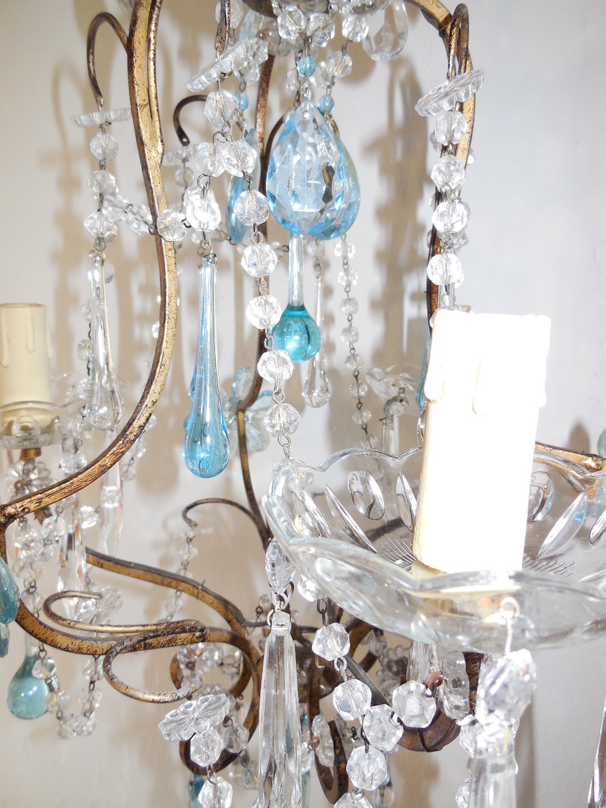 French Aqua Crystal Prisms, Drops and Flowers Chandelier, circa 1920 For Sale 1