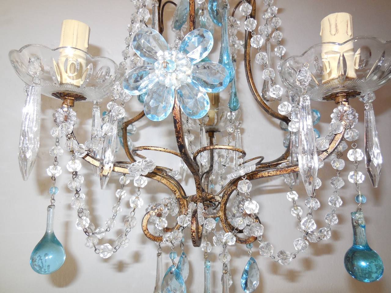 French Aqua Crystal Prisms, Drops and Flowers Chandelier, circa 1920 For Sale 2