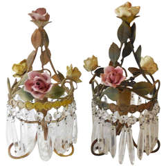 French Tole Porcelain, Roses, Crystal Prisms Lamps Sconces