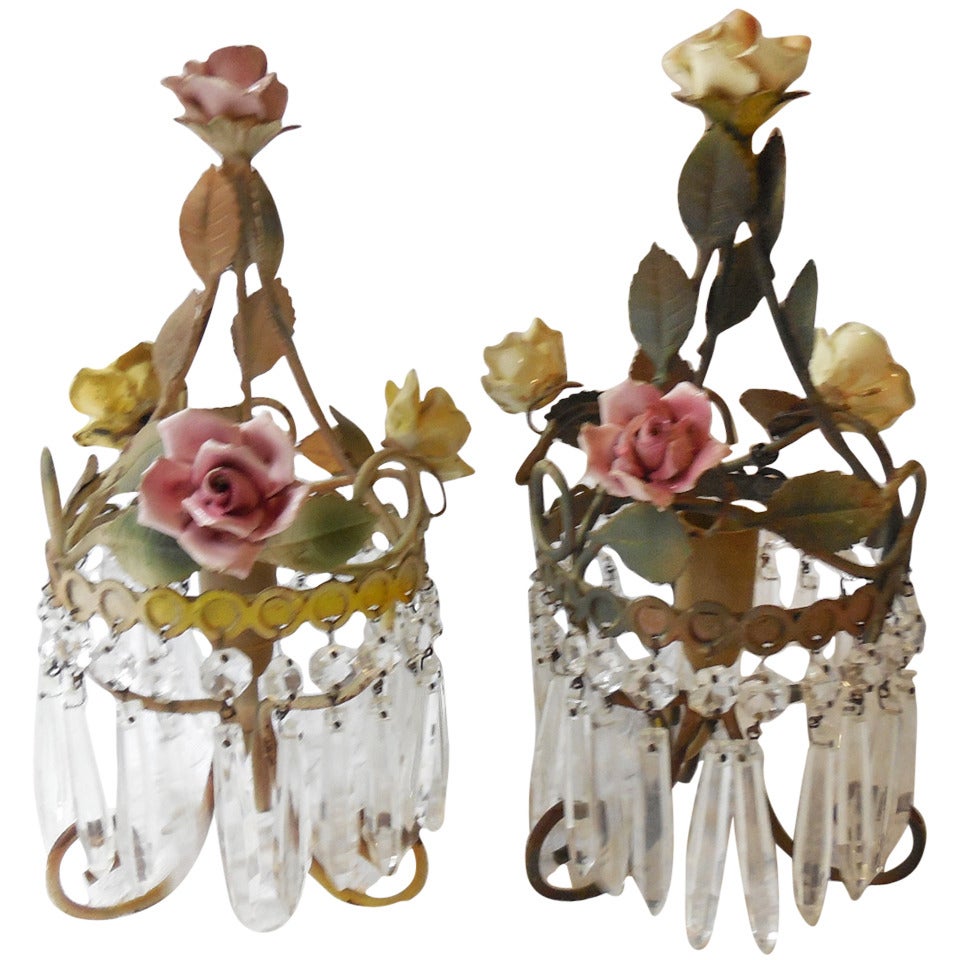 French Tole Porcelain, Roses, Crystal Prisms Lamps Sconces