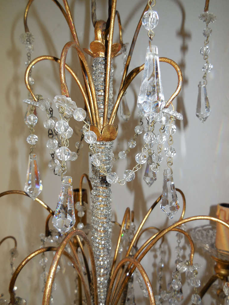 Mid-20th Century Italian Micro Beaded, Gold Gilt, Crystal Prisms Chandelier For Sale