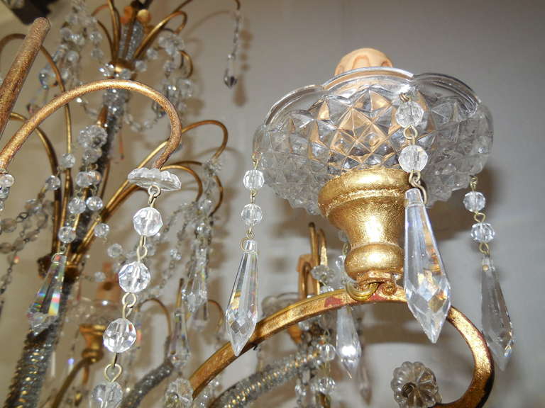 Italian Micro Beaded, Gold Gilt, Crystal Prisms Chandelier For Sale 1