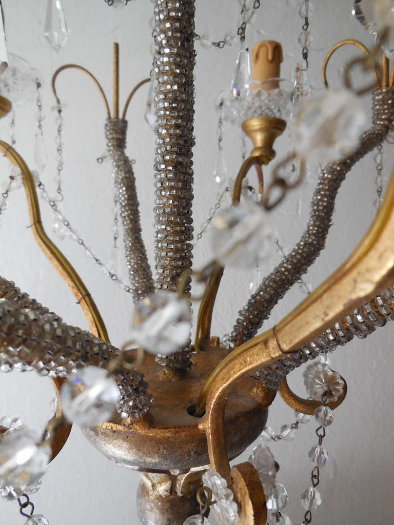 Italian Micro Beaded, Gold Gilt, Crystal Prisms Chandelier For Sale 4