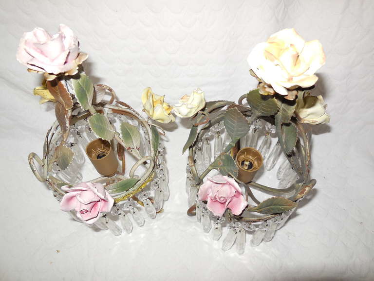 Mid-20th Century French Tole Porcelain, Roses, Crystal Prisms Lamps Sconces