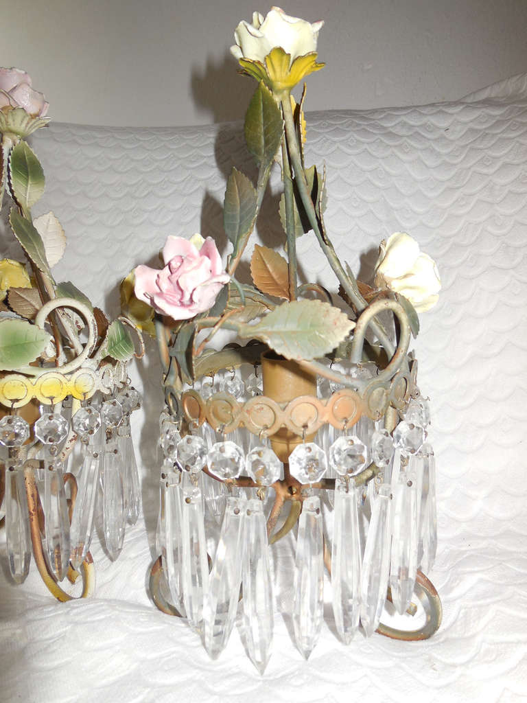 Tôle French Tole Porcelain, Roses, Crystal Prisms Lamps Sconces
