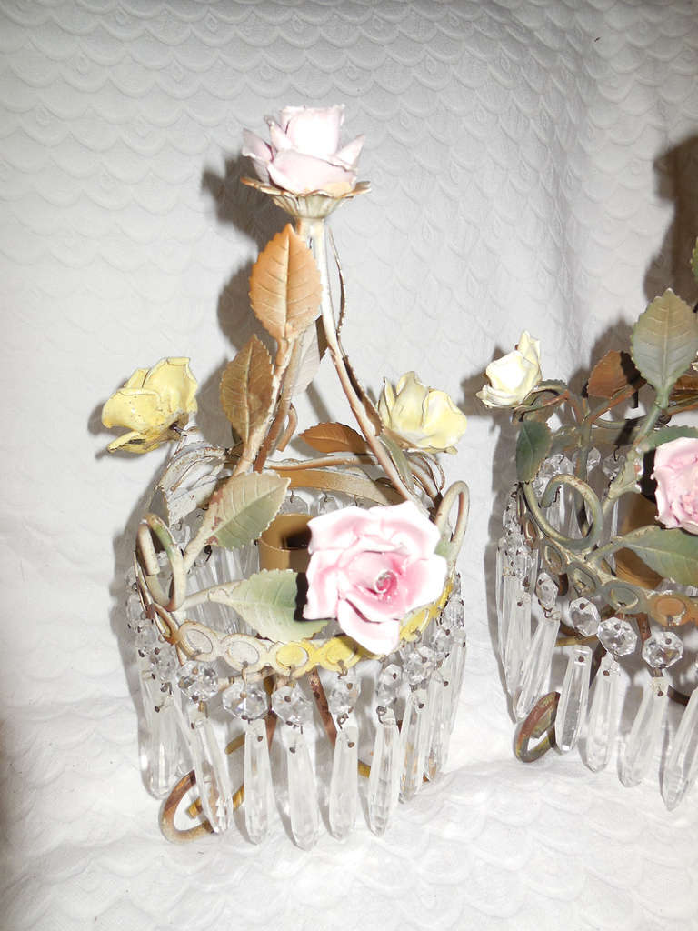 French Tole Porcelain, Roses, Crystal Prisms Lamps Sconces 1