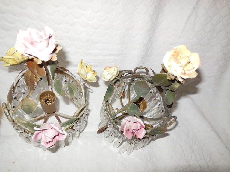 French Tole Porcelain, Roses, Crystal Prisms Lamps Sconces 2