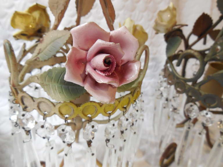French Tole Porcelain, Roses, Crystal Prisms Lamps Sconces 3