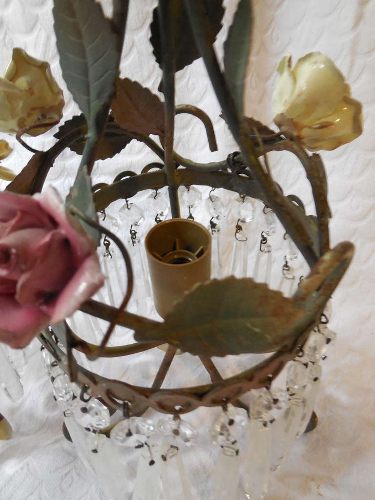 French Tole Porcelain, Roses, Crystal Prisms Lamps Sconces 5
