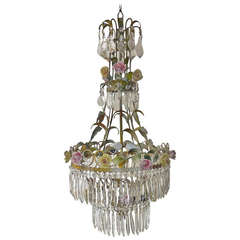 French Porcelain Rose and Crystal Prisms, Four Tier Chandelier