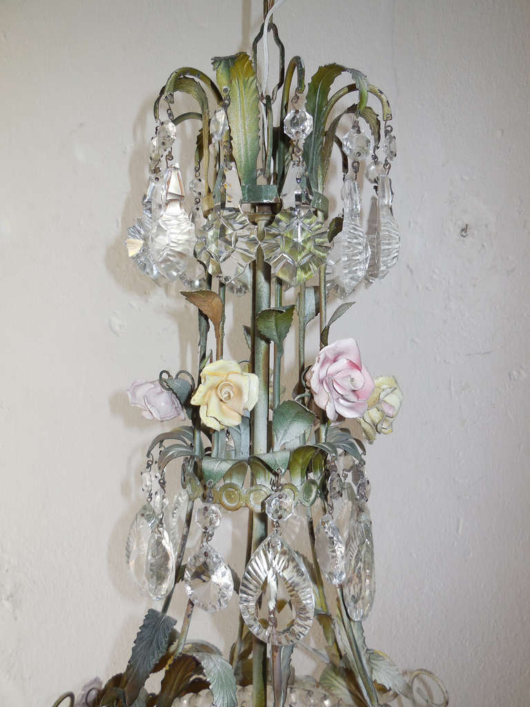 Tôle French Porcelain Rose and Crystal Prisms, Four Tier Chandelier