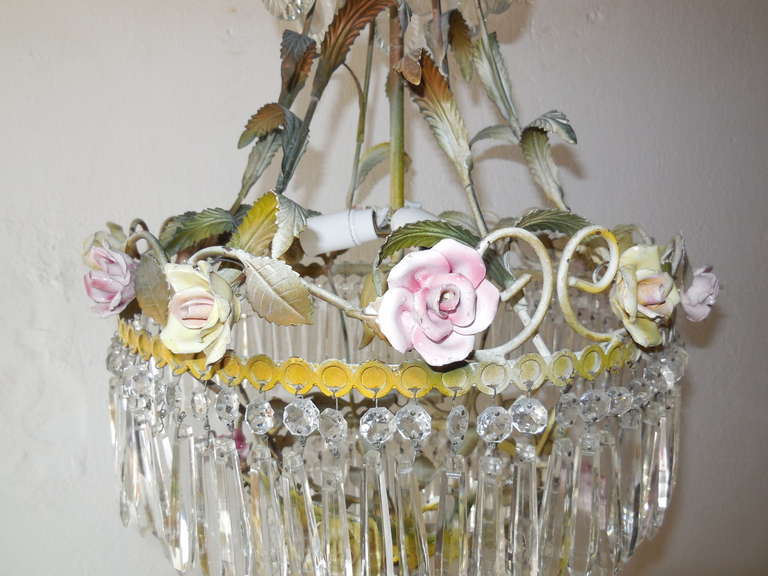 French Porcelain Rose and Crystal Prisms, Four Tier Chandelier 1