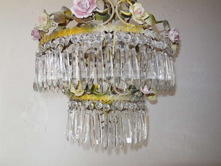 French Porcelain Rose and Crystal Prisms, Four Tier Chandelier 2