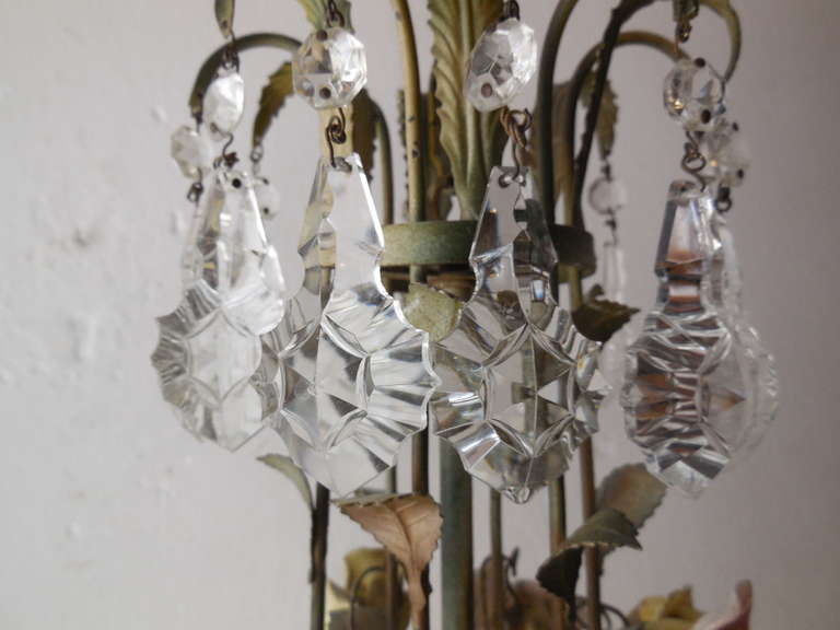 French Porcelain Rose and Crystal Prisms, Four Tier Chandelier 4