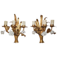 French Gold Tole Sconces with White Porcelain Roses and Flowers