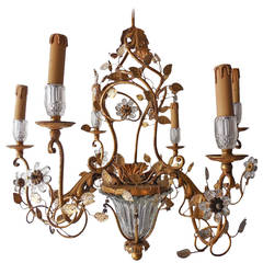 French Maison Baguès Style Flower and Leaves, Gold Chandelier with Vase