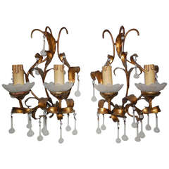 Antique French Gilt Tole with Wood and White Opaline Drops Sconces