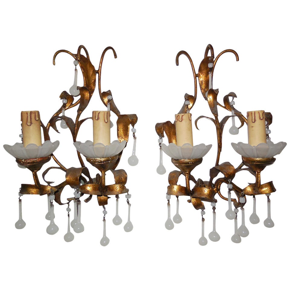 French Gilt Tole with Wood and White Opaline Drops Sconces