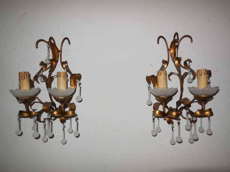 Housing two lights each.  Opaline bobeches.  Gold gilt tole with gilt wood under bobeches.  Adorning small opaline drops and matching beads on top.  Re-wired and ready to hang!  Free priority shipping from Italy.