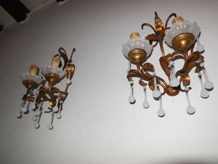 20th Century French Gilt Tole with Wood and White Opaline Drops Sconces