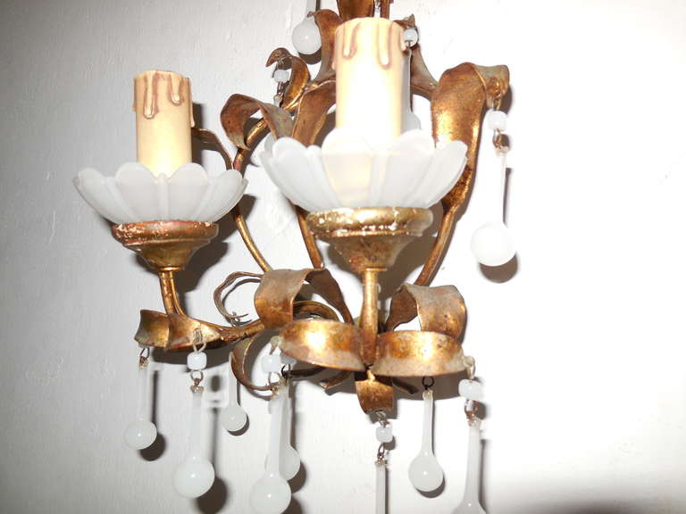 French Gilt Tole with Wood and White Opaline Drops Sconces 2