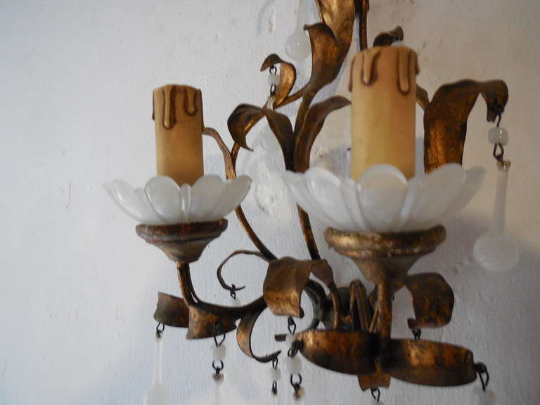 French Gilt Tole with Wood and White Opaline Drops Sconces 3